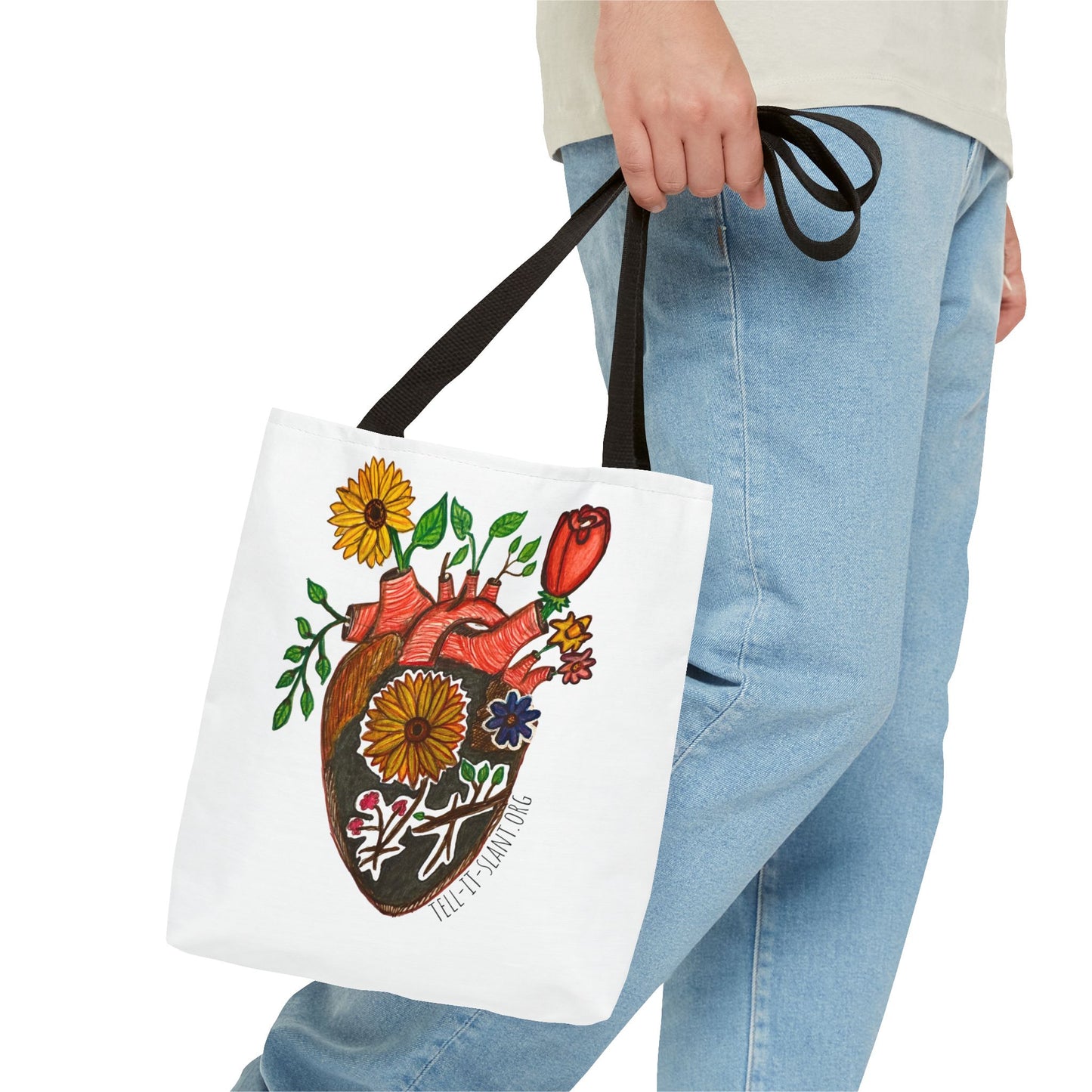 Bolsa de tela literaria única con corazón anatómico y flores en crecimiento