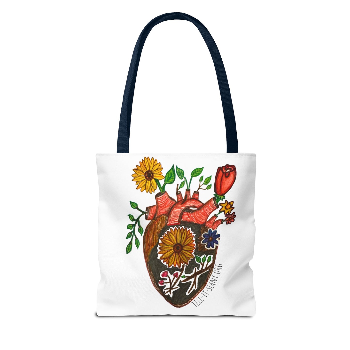 Bolsa de tela literaria única con corazón anatómico y flores en crecimiento