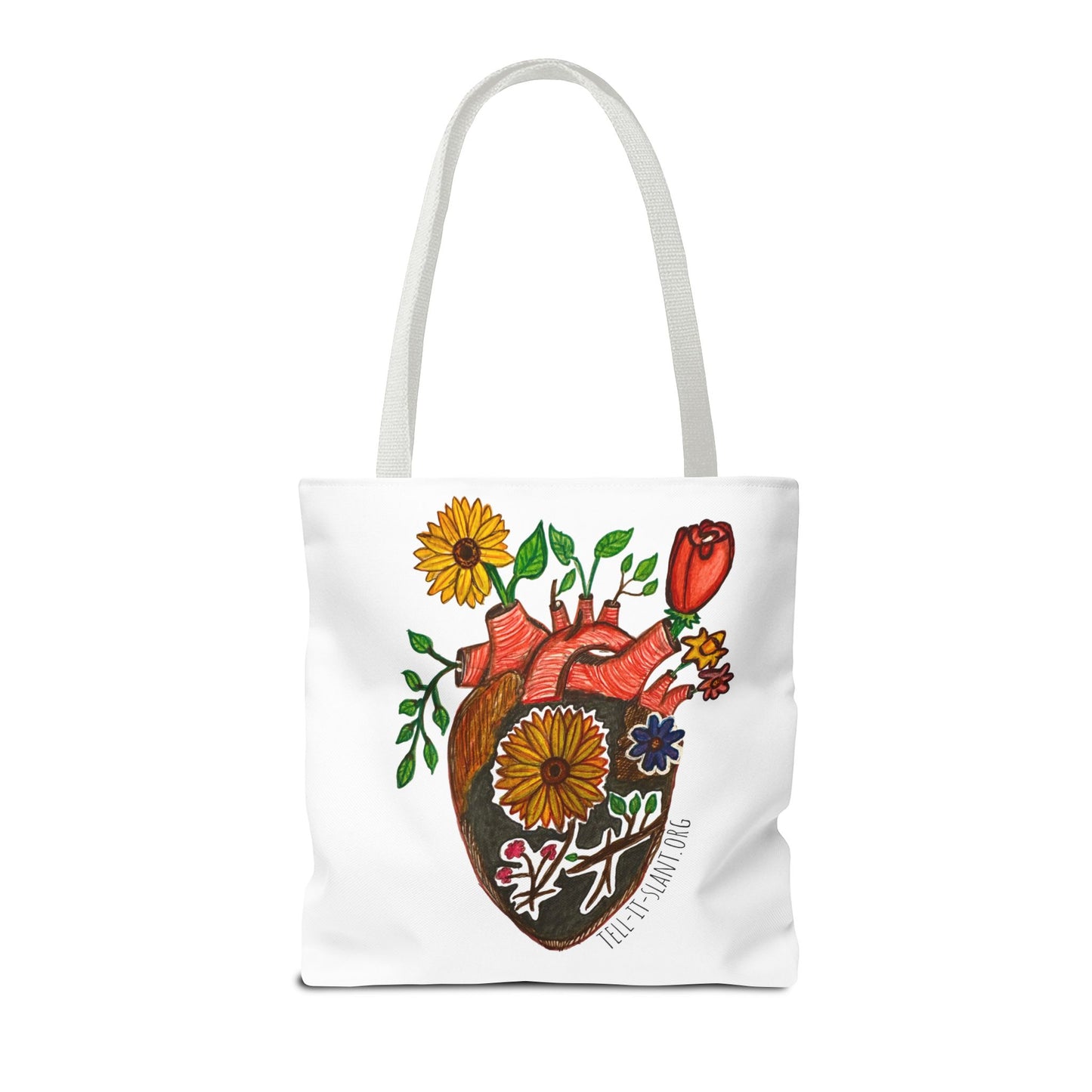 Bolsa de tela literaria única con corazón anatómico y flores en crecimiento