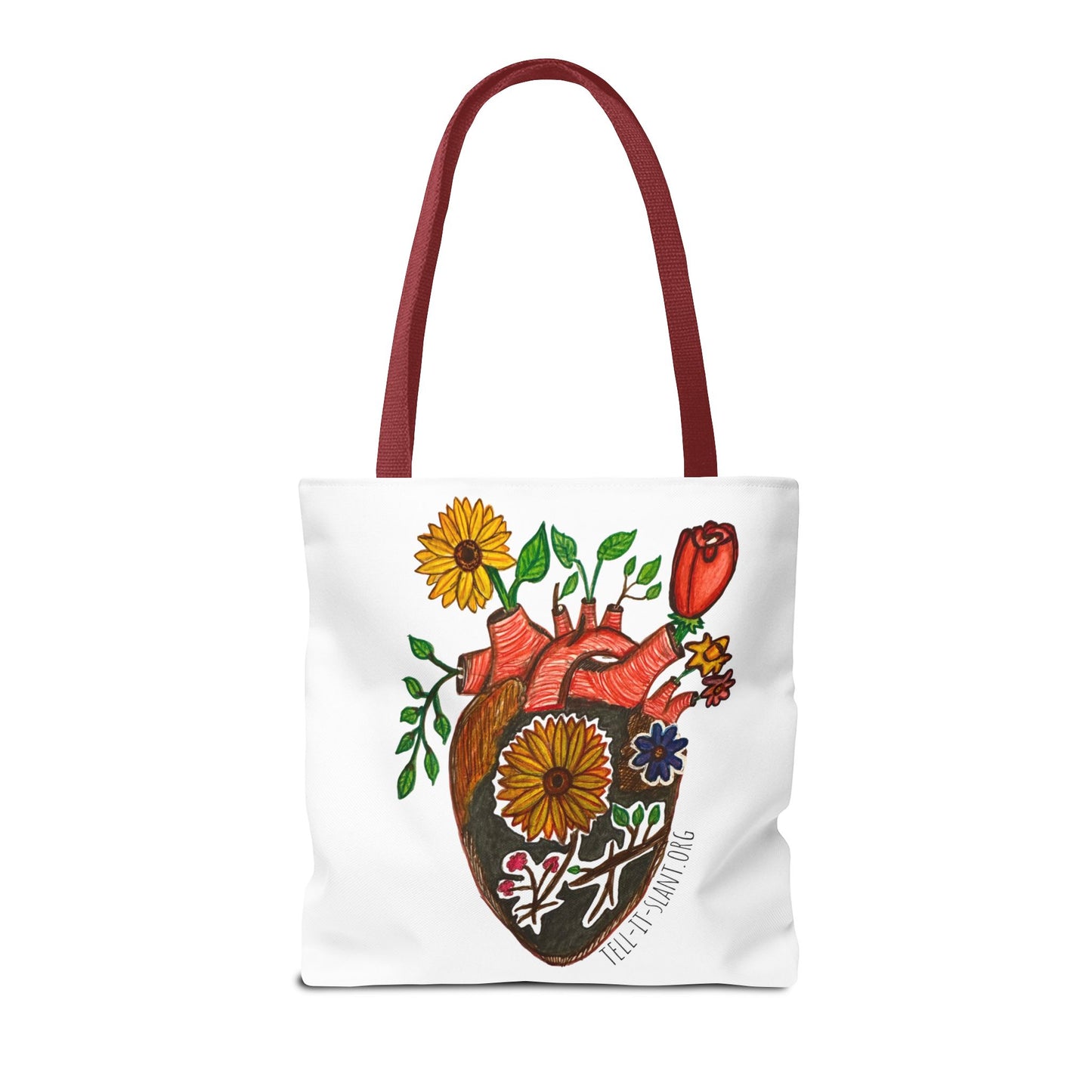 Bolsa de tela literaria única con corazón anatómico y flores en crecimiento