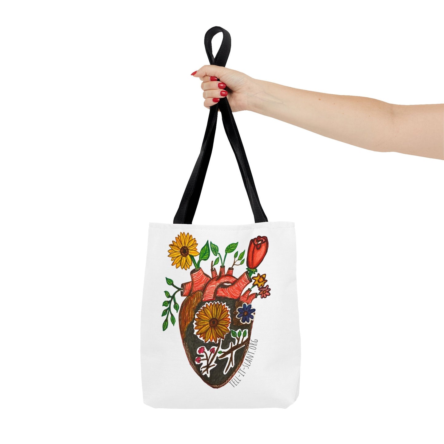 Bolsa de tela literaria única con corazón anatómico y flores en crecimiento