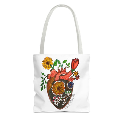 Bolsa de tela literaria única con corazón anatómico y flores en crecimiento