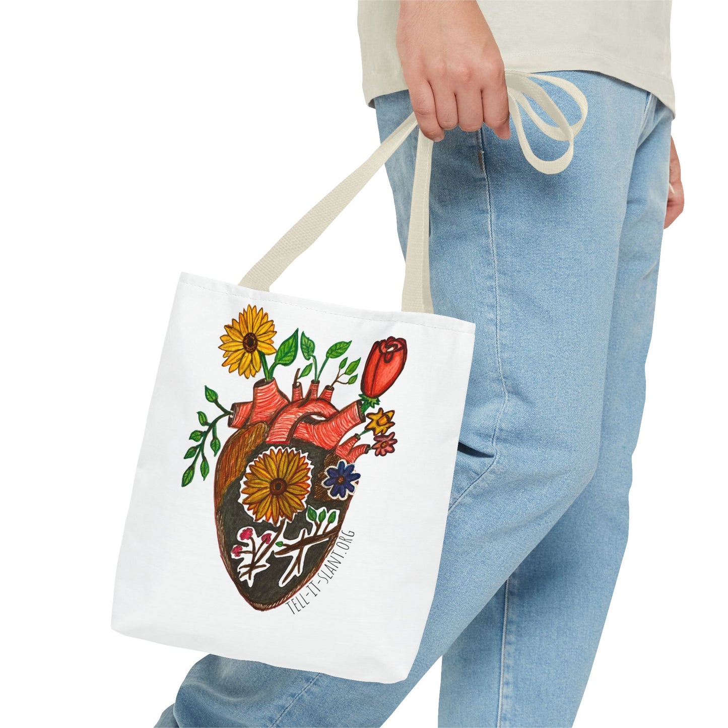 Bolsa de tela literaria única con corazón anatómico y flores en crecimiento