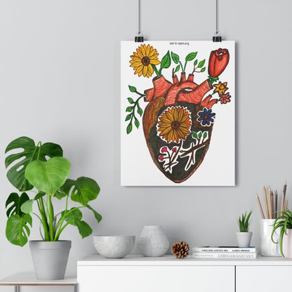 Póster de flores en crecimiento con un corazón anatómico peculiar