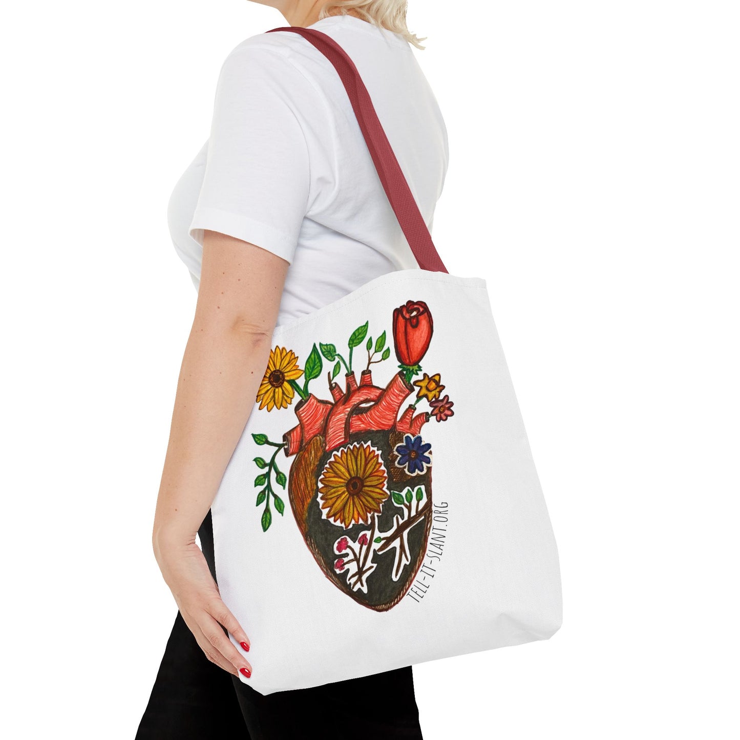 Bolsa de tela literaria única con corazón anatómico y flores en crecimiento