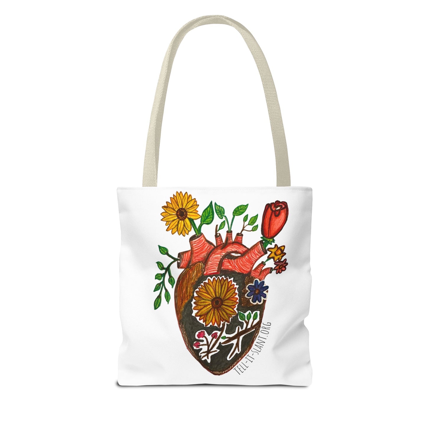 Bolsa de tela literaria única con corazón anatómico y flores en crecimiento