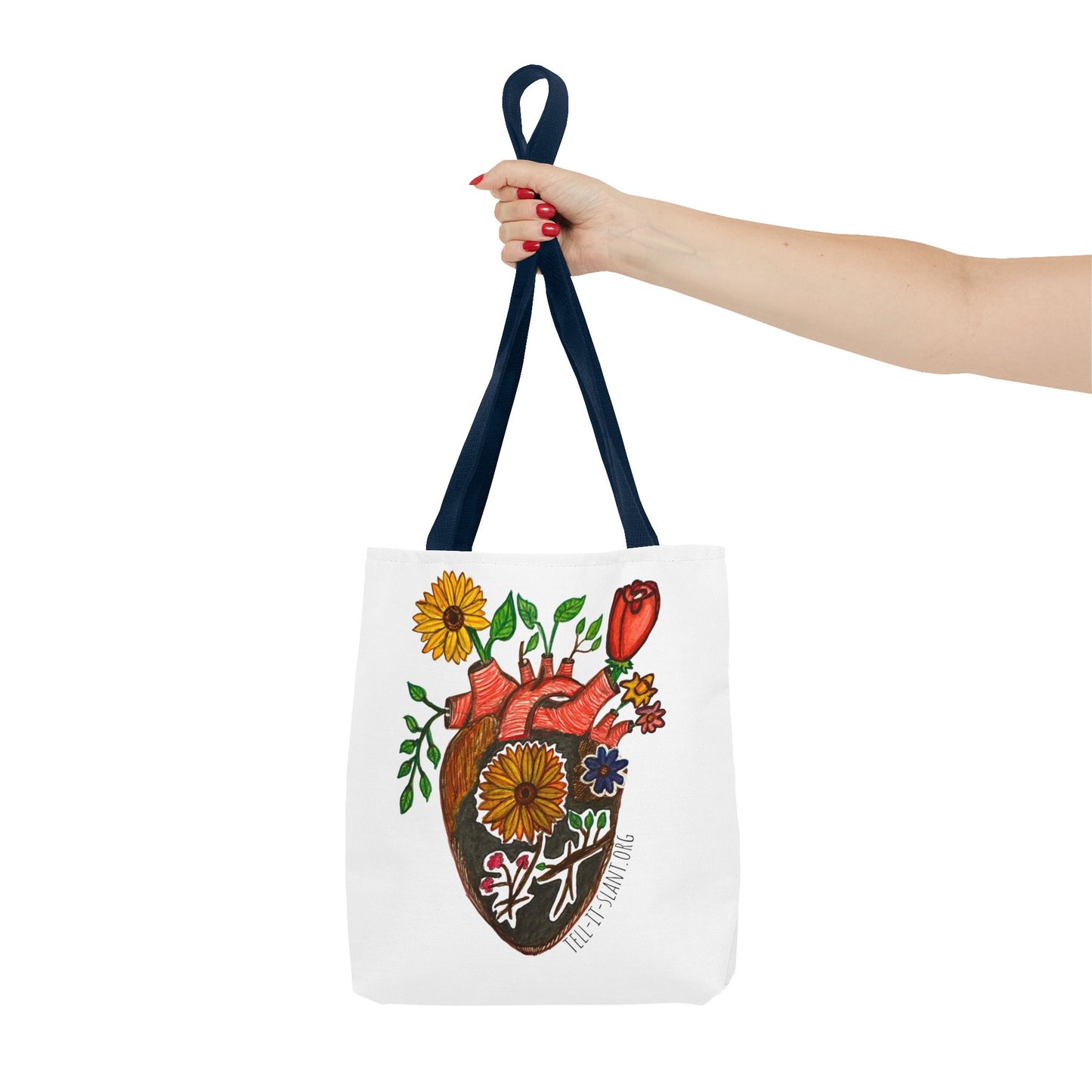 Bolsa de tela literaria única con corazón anatómico y flores en crecimiento