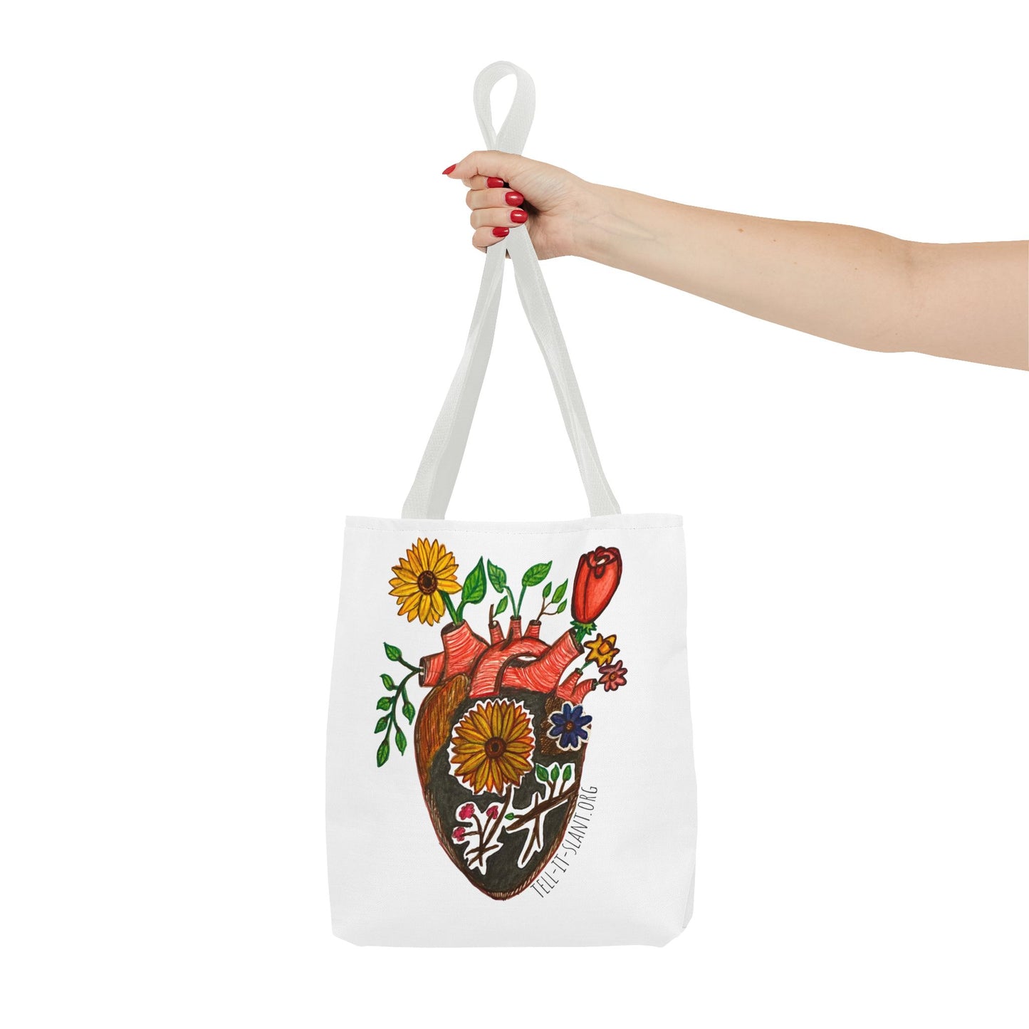 Bolsa de tela literaria única con corazón anatómico y flores en crecimiento