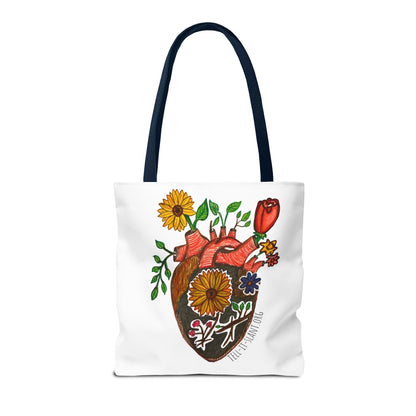 Bolsa de tela literaria única con corazón anatómico y flores en crecimiento