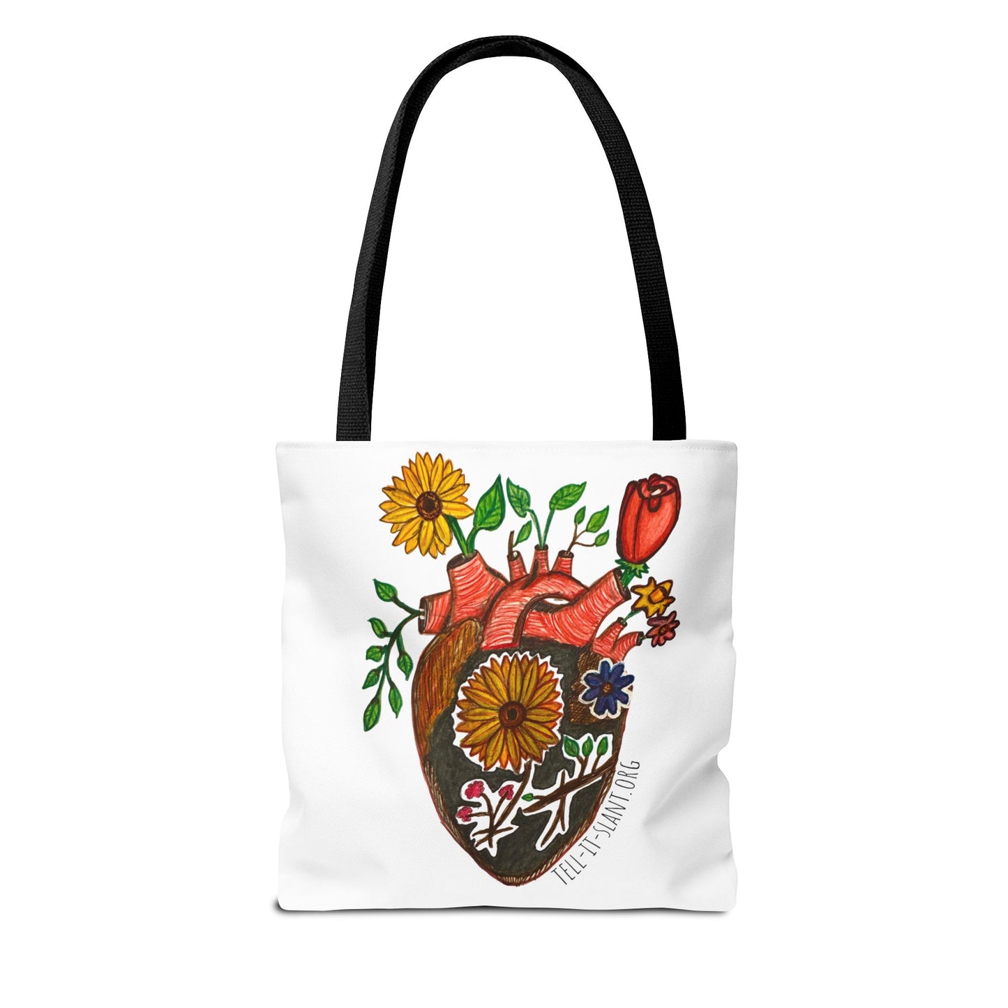 Bolsa de tela literaria única con corazón anatómico y flores en crecimiento