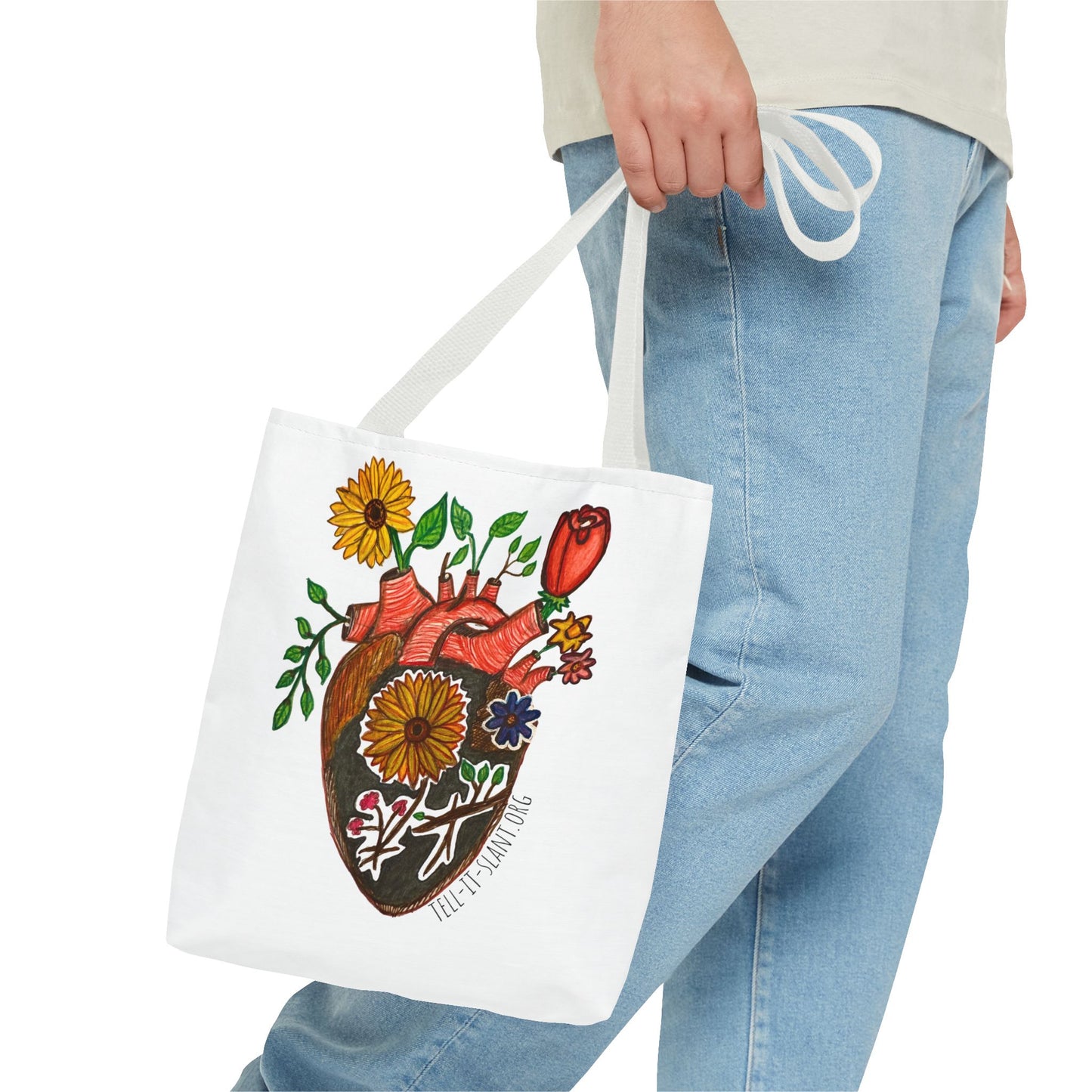 Bolsa de tela literaria única con corazón anatómico y flores en crecimiento