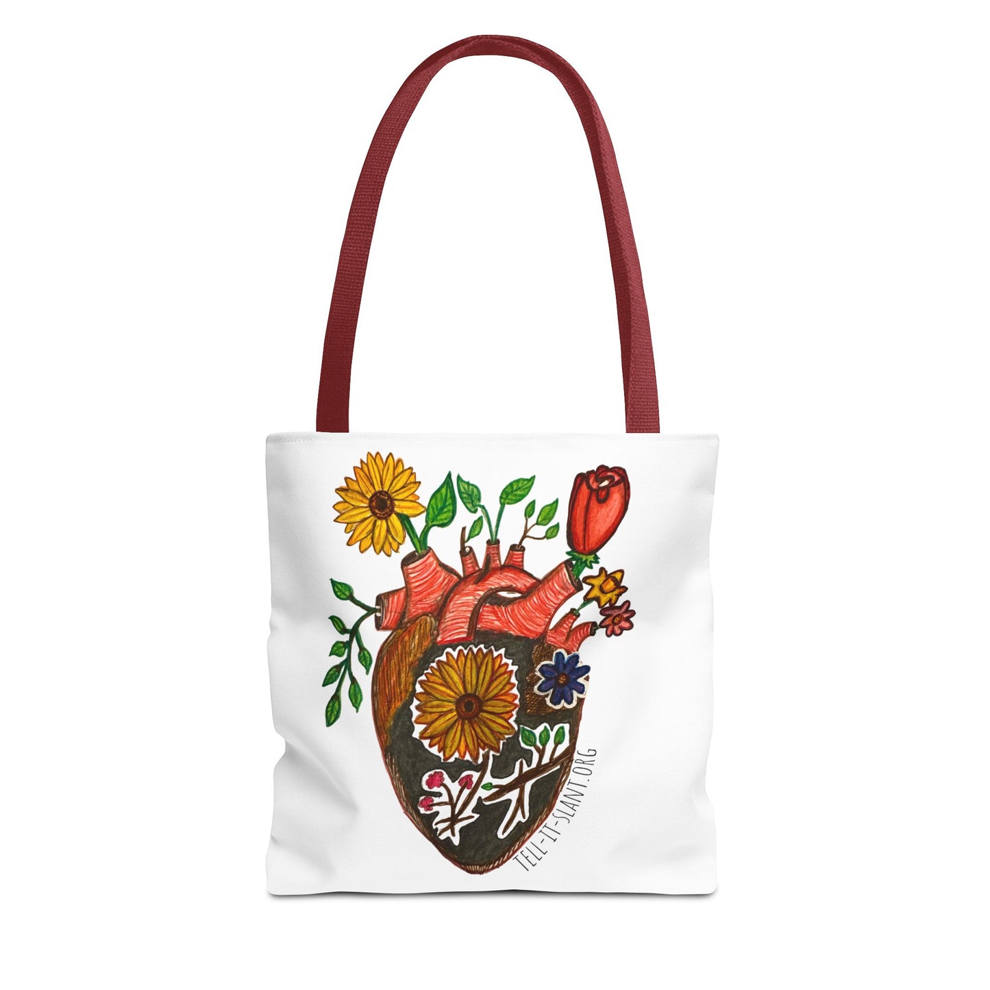 Bolsa de tela literaria única con corazón anatómico y flores en crecimiento